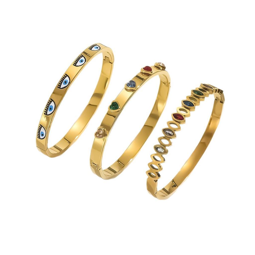 Geometric Gold & Gem Heart Bracelet Set for Women - Stackable Stainless Steel Evil Eye Jewelry