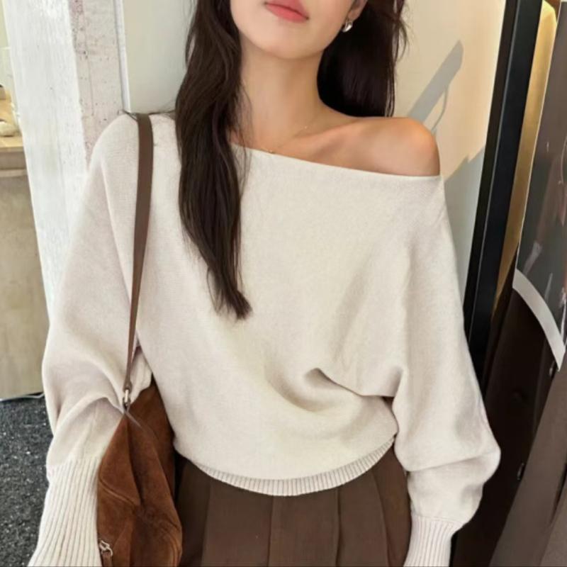 Batwing Long sleeve Knitted Pullover Women 300g Thick Off shoulder Top Korean Fashion Sweater Loose Casual Autumn Outwear Pull