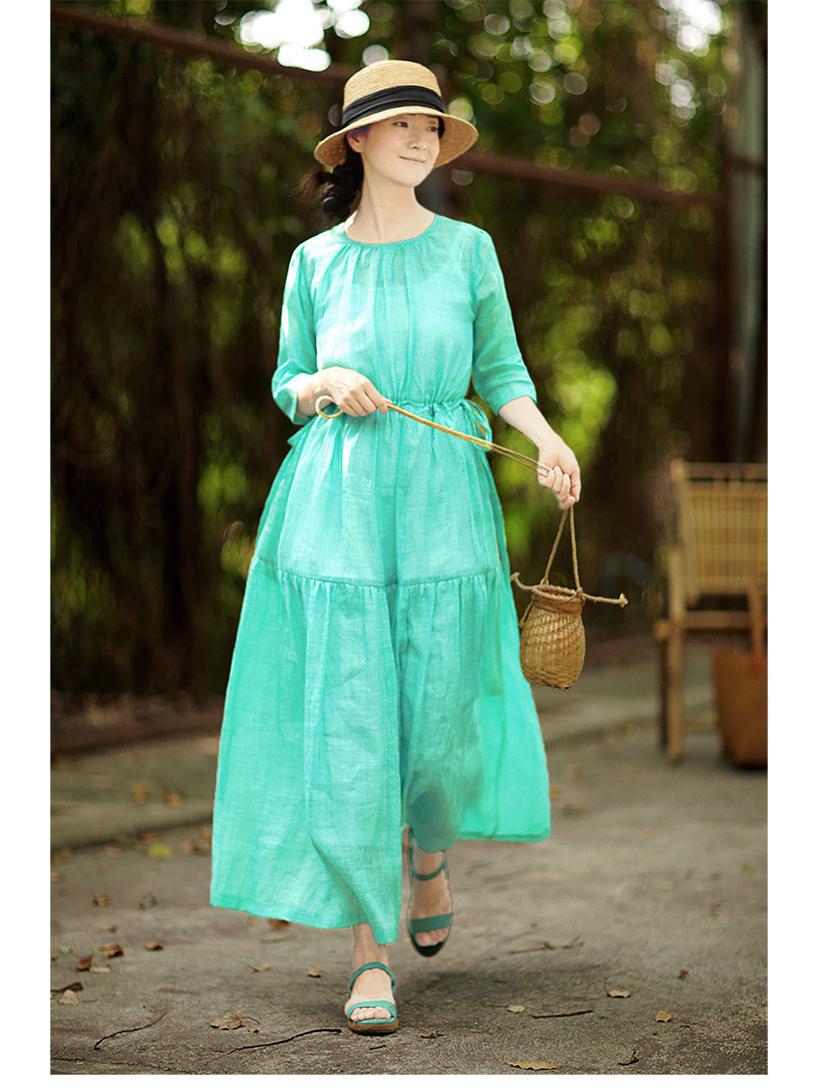 

2022 Summer Retro Forest Fairy Tie-dye Ramie Dress - Lightweight, 3/4 Sleeve, Solid Color Medium светло-зеленый
