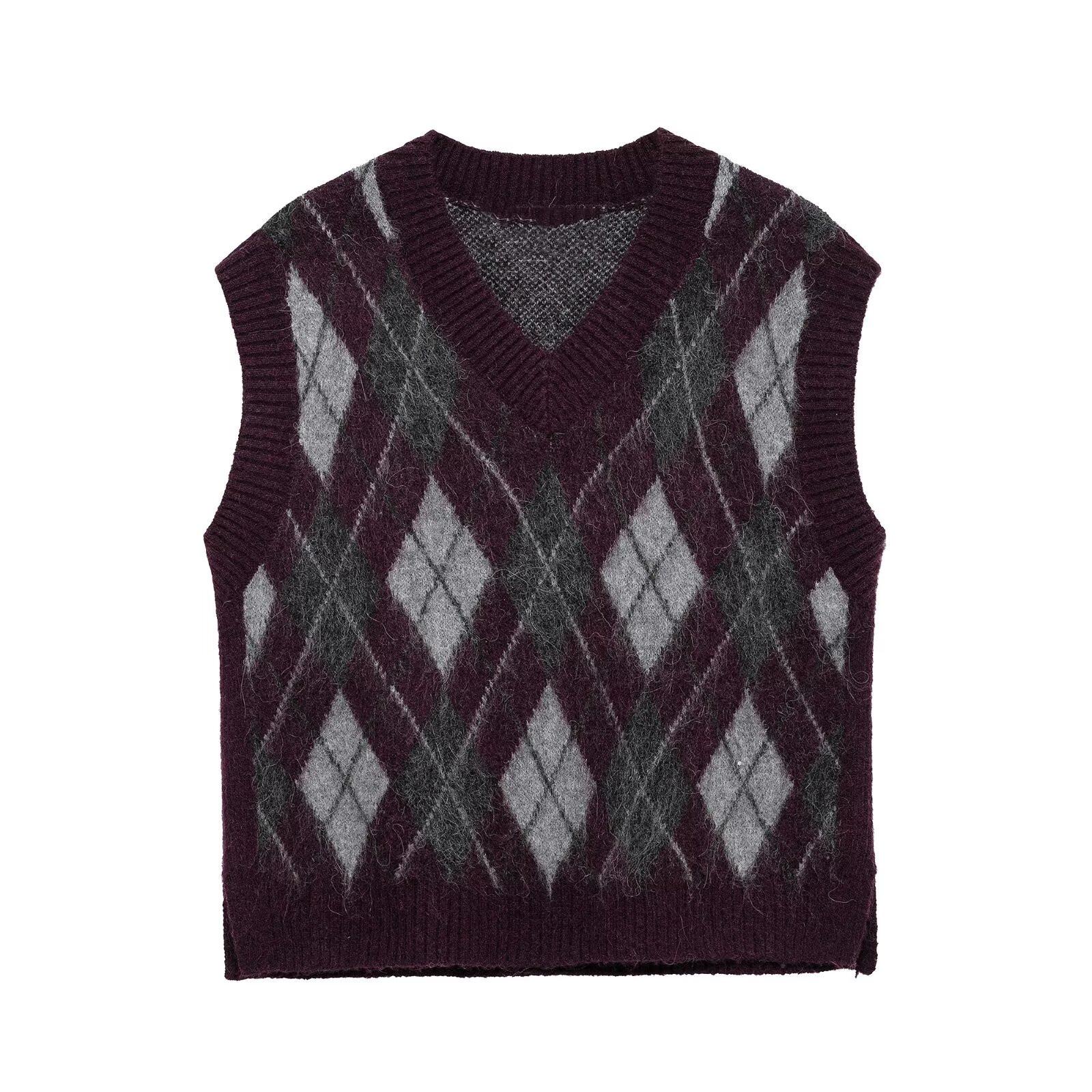 

2025 Spring Women s V-Neck Sleeveless Diamond Pattern Knit Vest Small каштановий