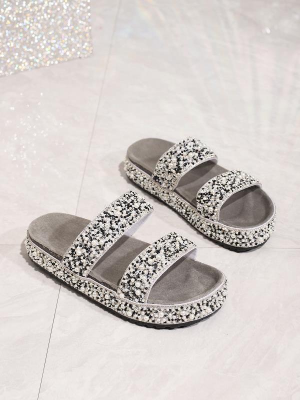 Fashion String Bead Slippers Women Summer Slides Female Shoes Platform Fashion Low 2025 Beach Luxury PVC Rome Fabric PU Hoof Heels Scand