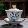 Gaiwan vintage de lenha pintado à mão, tigela de cerimônia azul e branca de cerâmica, conjunto de chá kung fu, tampa de cerâmica para preparo de cerveja, terrina