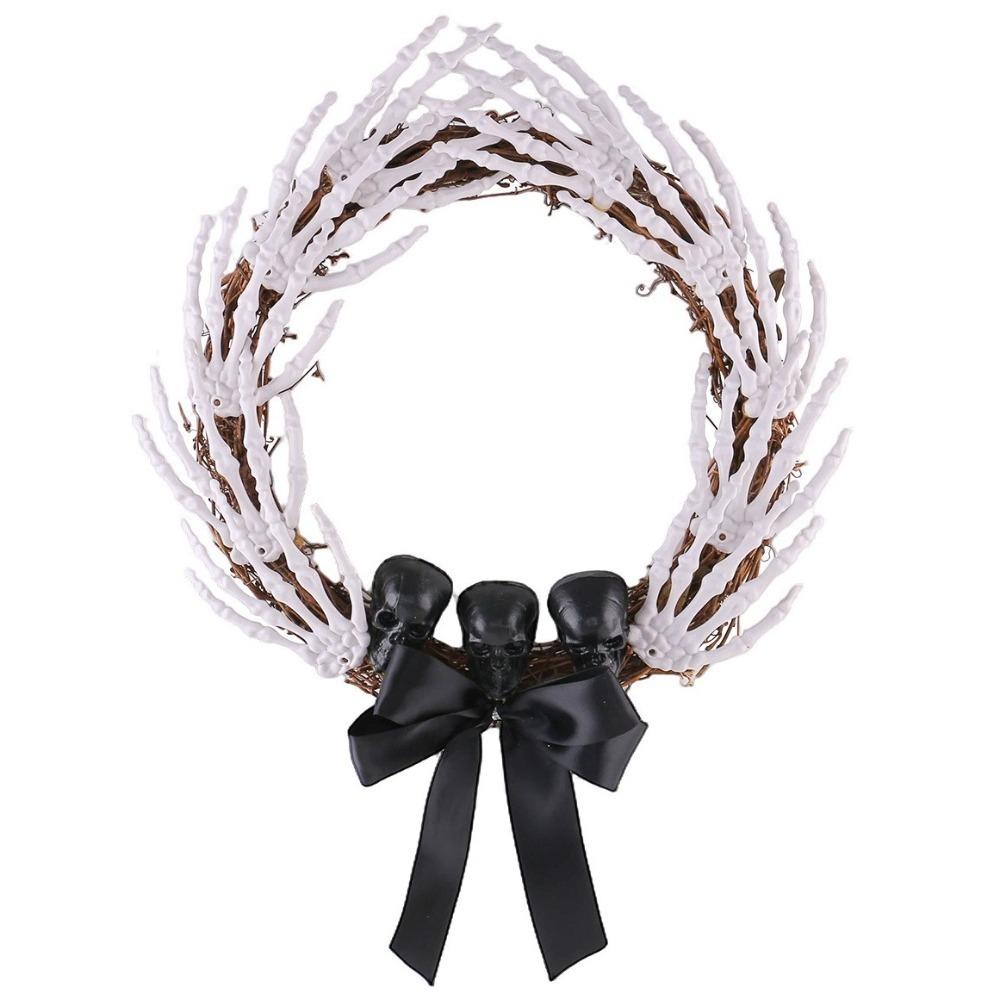 Black Ribbon Halloween Skeleton Hand Wreath White Bones Halloween Artificial Wreath Front Door Halloween Wreath