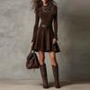 Rochie Scurtă Vintage cu Guler Semi-Înalt și Mâneci Lungi Femei Modă Talie Înaltă Pliuri Fermoar Rochii Strâmte Femeie Toamnă Chic