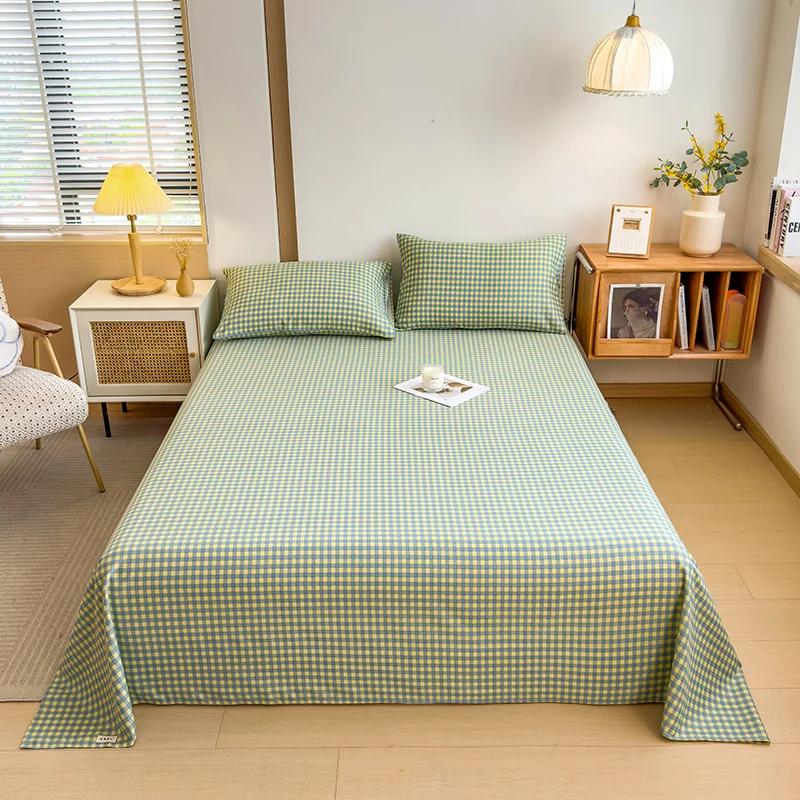 Geometric Plaid Pattern Bed Sheet Set Simple Grid Flat Sheet 100% Cotton Bedding Breathable Durable Sheets with 2 Pillowcases