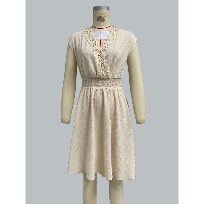 Summer V-neck Sleeveless Lace Fashion Dress Hollow Out Elegant Slim Fit Party A-line Dress Female Loose Casual Simple Solid Color Pleated Clothing