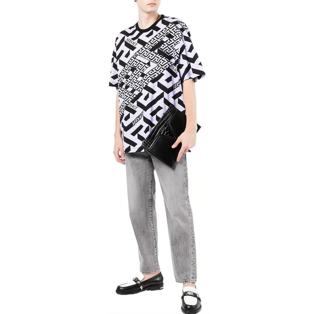Versace Ss22 Printed Letter Pattern Round Neck Cotton Short Sleeve T-Shirt Men Tops Black White 1003393-1A023515-L160