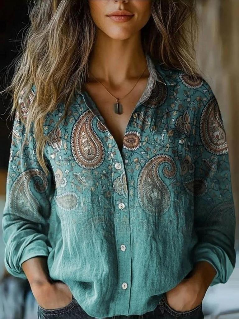2025 Women's Retro Print Long Sleeve Casual Shirt - Spring/Summer Cotton-Linen Blend