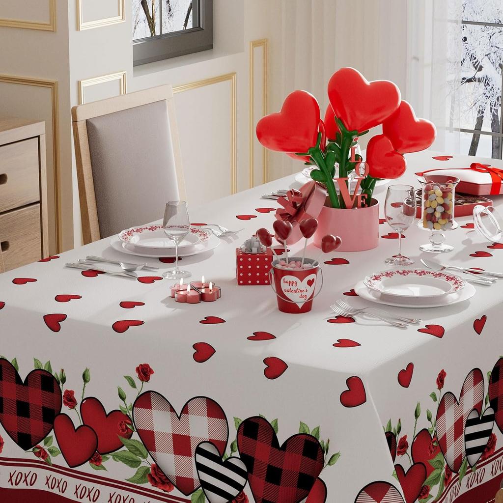 XCHI Plaid Love Hearts Valentine’s Day Tablecloth Rectangle Table Cloth Washable Table Covers for Indoor Outdoor Dining Home Party Decorations