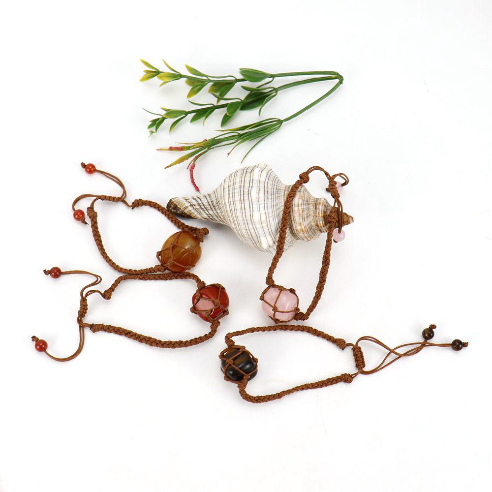 Hand-Woven Brown Jade Thread Crystal Amethyst Stone Mesh Pocket Bracelet Bracelet Adjustable B73