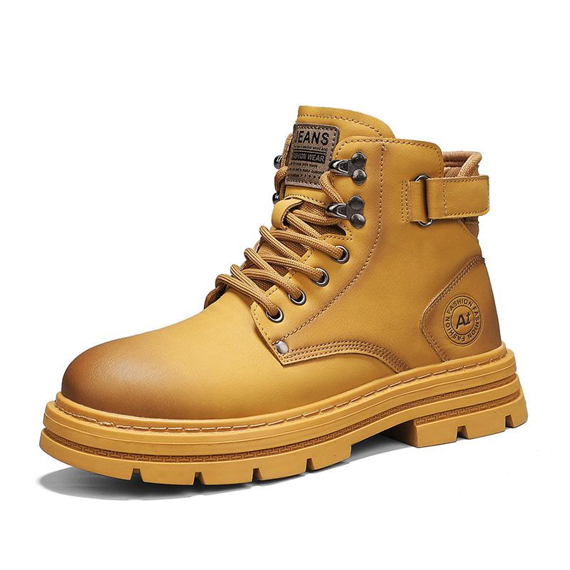 

Autumn and winter solid color leather high-top shoes retro British platform tooling boots men s fashion lace-up big yellow boots 39