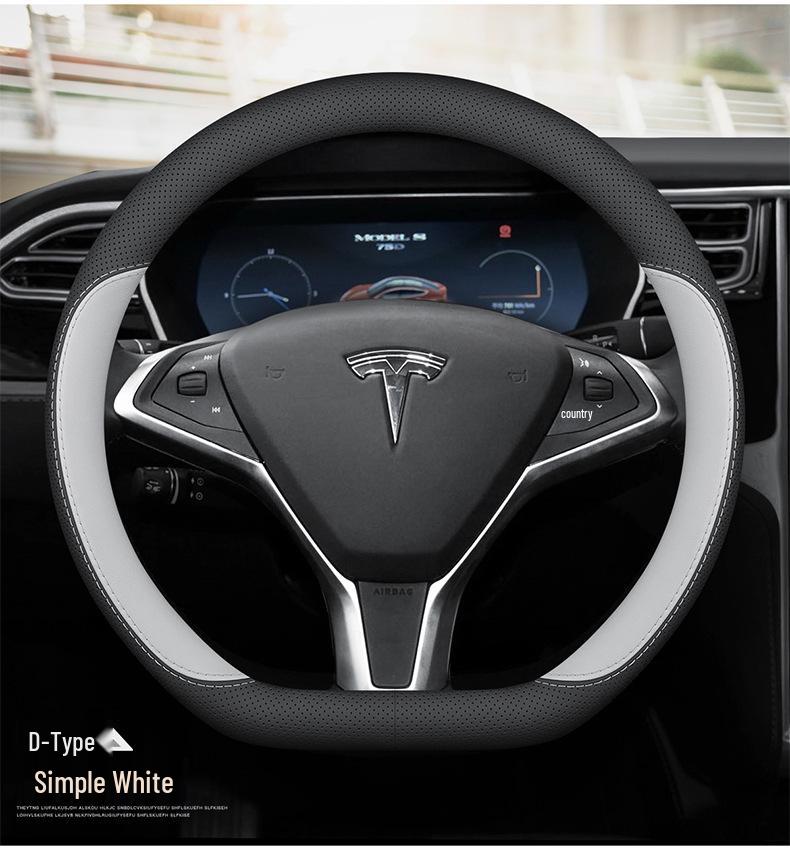 Tesla Model 3 & Y Steering Wheel Cover: Ultra-thin, Non-slip Genuine Leather, All-Season Use.