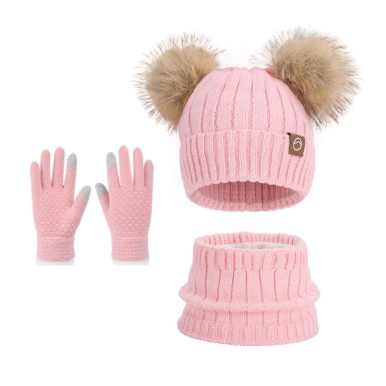 3Pcs/Set Children Winter Hat Scarf Gloves Set Plush Lining Fluffy Ball Decoration Knitting Hat Neckerchief Gloves Set