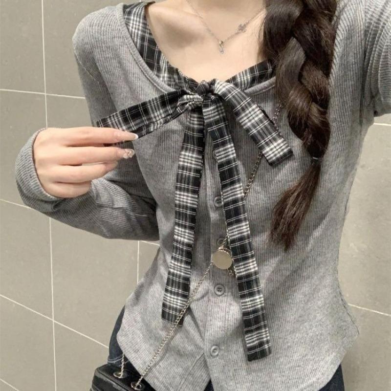 Bow Design Women's Cardigan Korean Style V-neck Spliced Lace Up Single Breasted Famale Sweater Autumn Fashionable Loose Comfortable Ladies Top