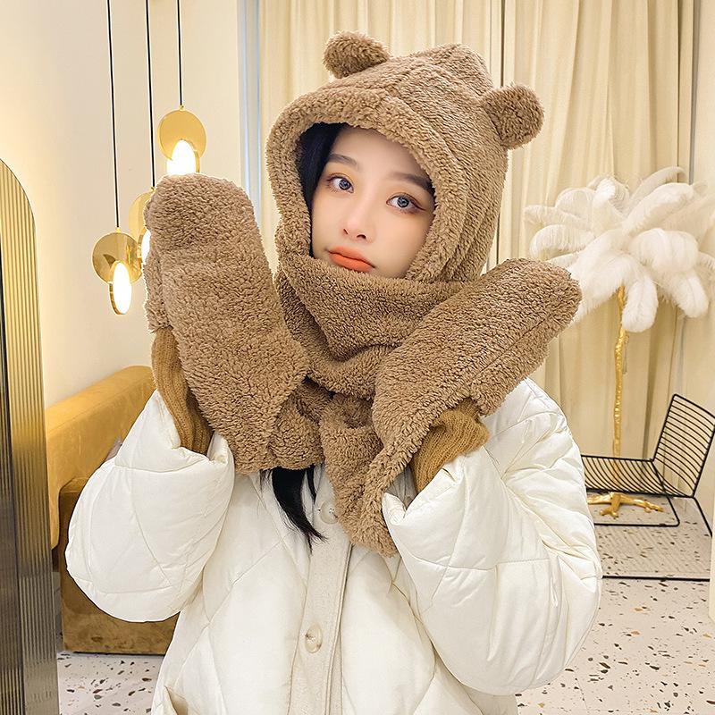 Hat Women's Bear Hat Scarf Gloves One Piece Winter Warmth Korean Style Versatile One Piece Pullover Hat