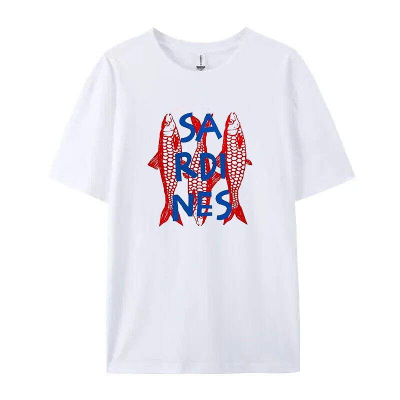 

Cartoon Sardine Letter Print Women Tshirt Short Sleeved Cotton Graphic Tees Casual and Versatile Style Suitable for Daily Wear S