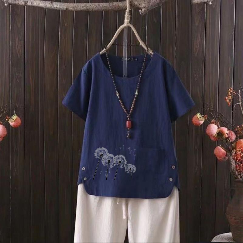 

Футболка женская из хлопка и конопли с V-образным вырезом и принтом одуванчика в скандинавском стиле 2025 года — идеальный вариант для повседневной носки 4XL темно-синий