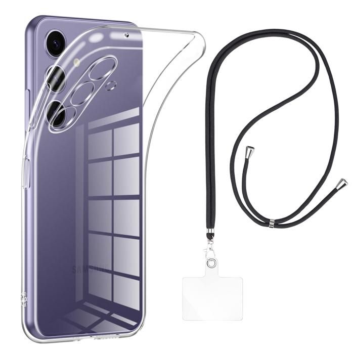 Case and Neck Strap for Samsung Galaxy S24 PLUS - Transparent Soft TPU Adjustable Black Cord Phonillico®