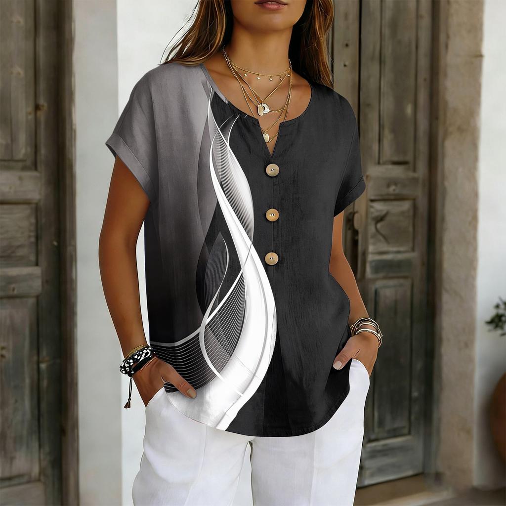 Top Casual de Manga Corta de Algodón y Lino para Mujer, Holgado y Elegante