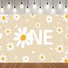 2D Neutral Daisy First Birthday Backdrop Cute White Daisy with "ONE" Text Party Background
