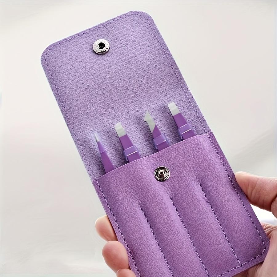 4-Piece Stainless Steel Tweezers Set Grooming Kit for Eyebrow Shaping, Beard Hair Removal & Eyelash Extension, Purple Case