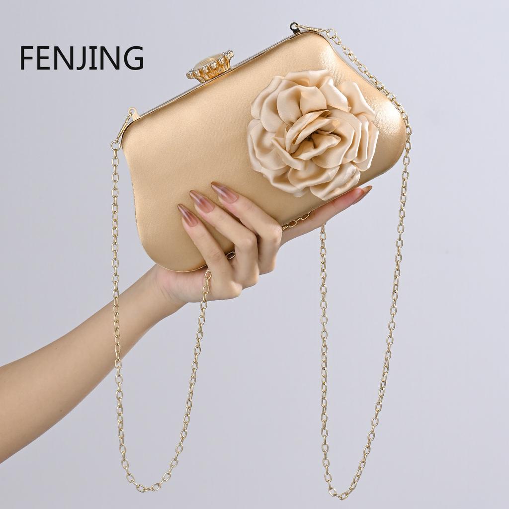 Satin 3D Flower Evening Bags Women Dinner Shoulder Crossbody Bag Luxury Design Handbags Gold Pink Clutches for Party Banquet