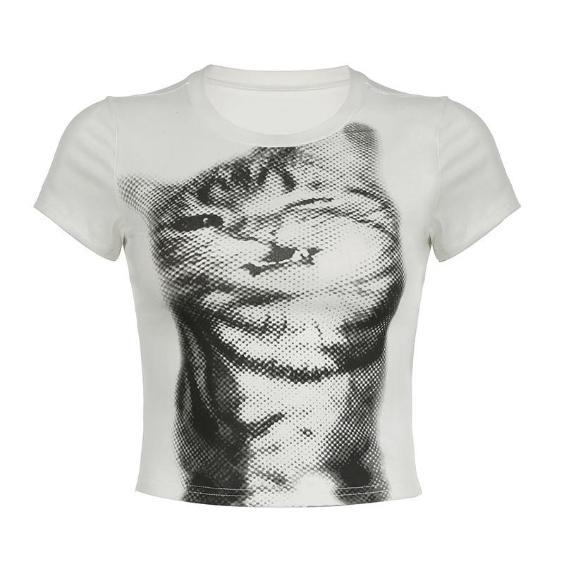 

Weekeep [Wink Cat] Retro Cute Kitten Print T-shirt Silm Slim Looking Easiest for Match Short Sleeve Tops Fashion White S