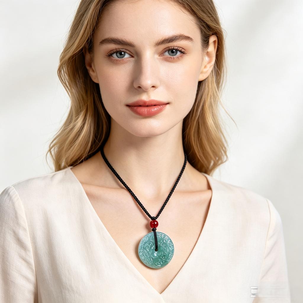 Grade a Burmese Jadeite Peace Buckle Pendant, Natural Green Jade Flower Pattern Carved Donuts for Gift and