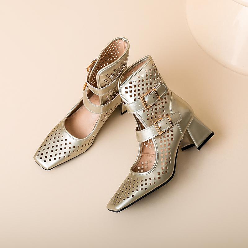 Women's Summer Ankle Boots and Sandals 2025 Mesh Shoes Square Toe Buckles Decor Hollow Out Fishnet Walk Wear
