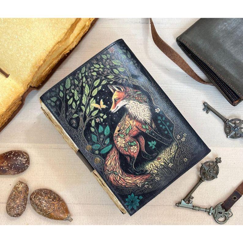 Fox Print Leather Journal With Deckle Edge Paper Handmade Leather Journal Book of Shadows Perfect for Blank Spell Books Gift For Her Him