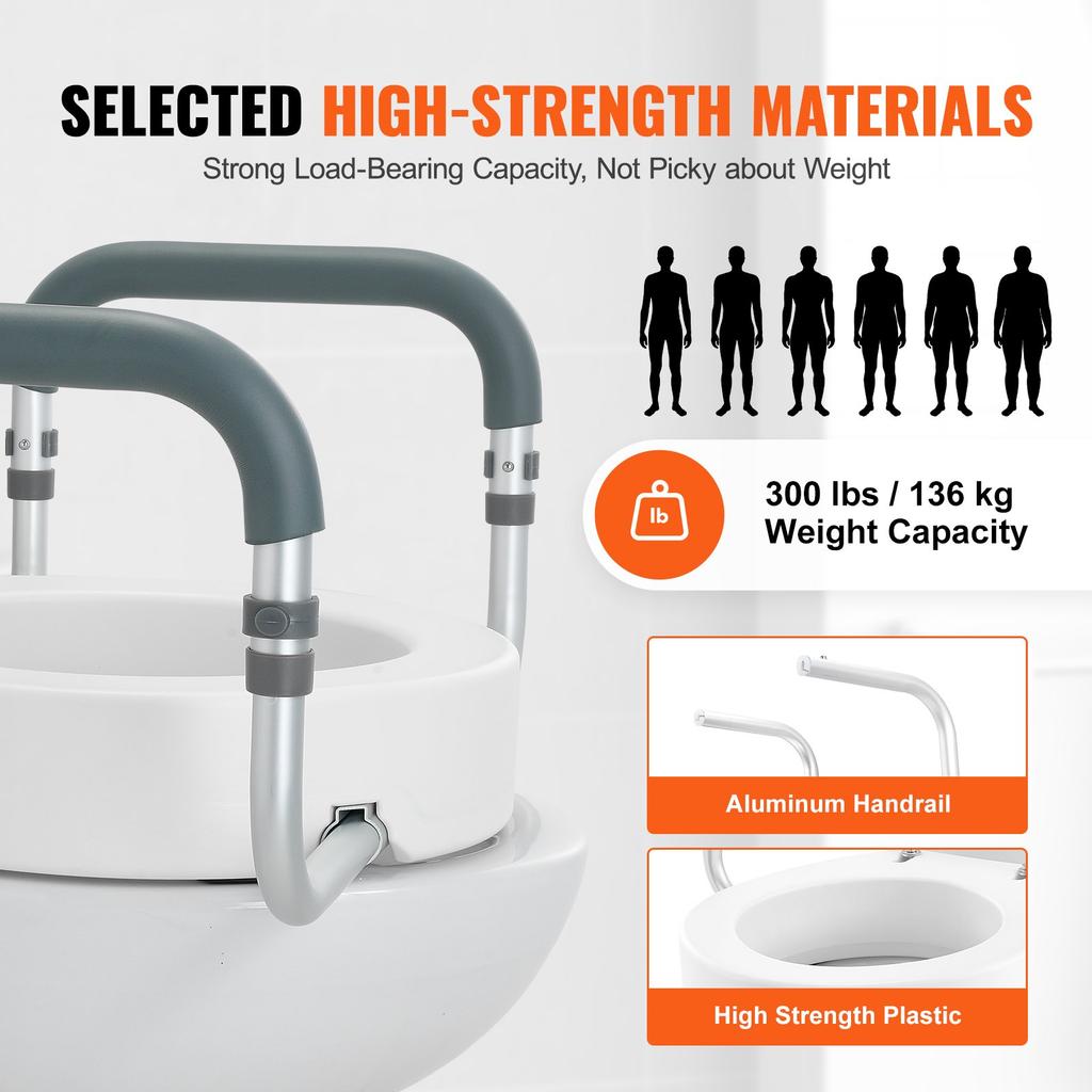 VEVOR Raised Toilet Seat, 3.5" Height Raised, 300 Lbs Weight Capacity, for Standard Round Toilet, Aluminum Handrail, with EVA Armrest Padding