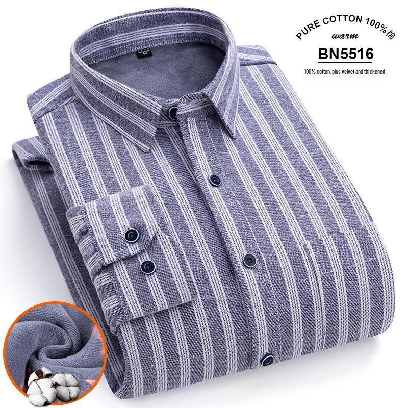 Men's Long Sleeve Cotton Plaid Shirt with Velvet Lining