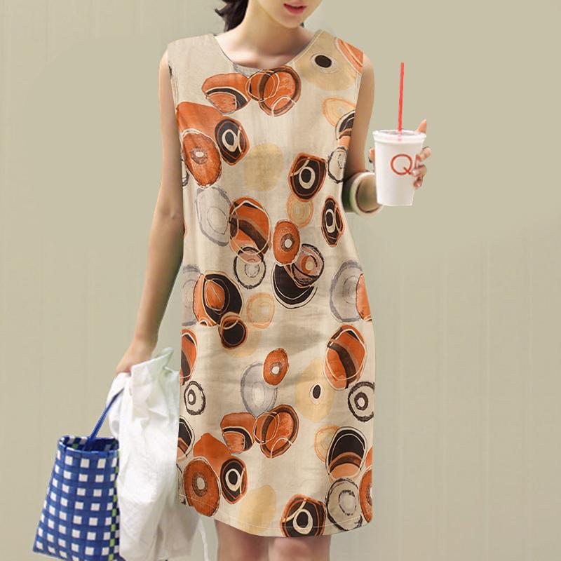 ZANZEA Women Holiday Casual Round Neck Sleeveless Print Dress
