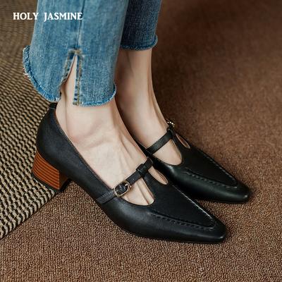 2024 Retro T-tied Women Pumps Spring Summer Genuine Leather Mary Janes Square Toe Thick Heels Office Lady Working Shoes Woman