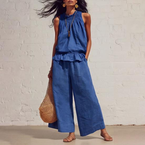 2 Stück/Set Sommer Damen Outfit Western-Stil Vintage Bohemian Rüschen Baumwoll-Leinen Anzug Mode Lockerer Anzug