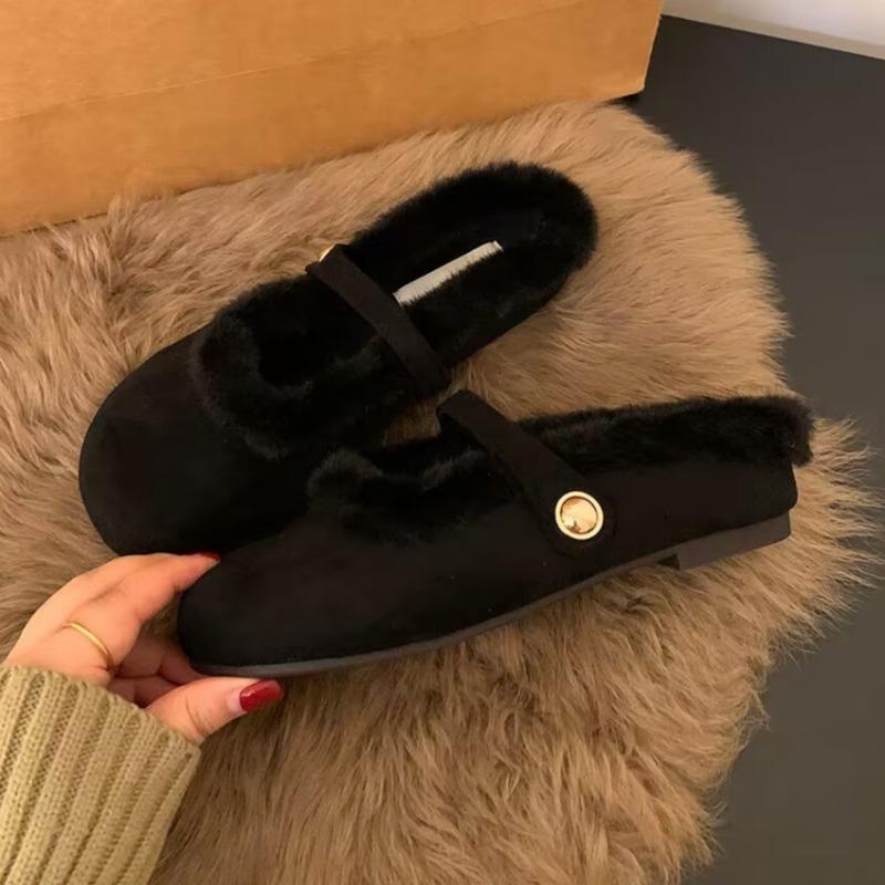 Fashion Winter New Baotou Slippers Women's Fashion Round Head Shallow Mouth Suede Anti-slip Wear-resistant Flat Shoes
