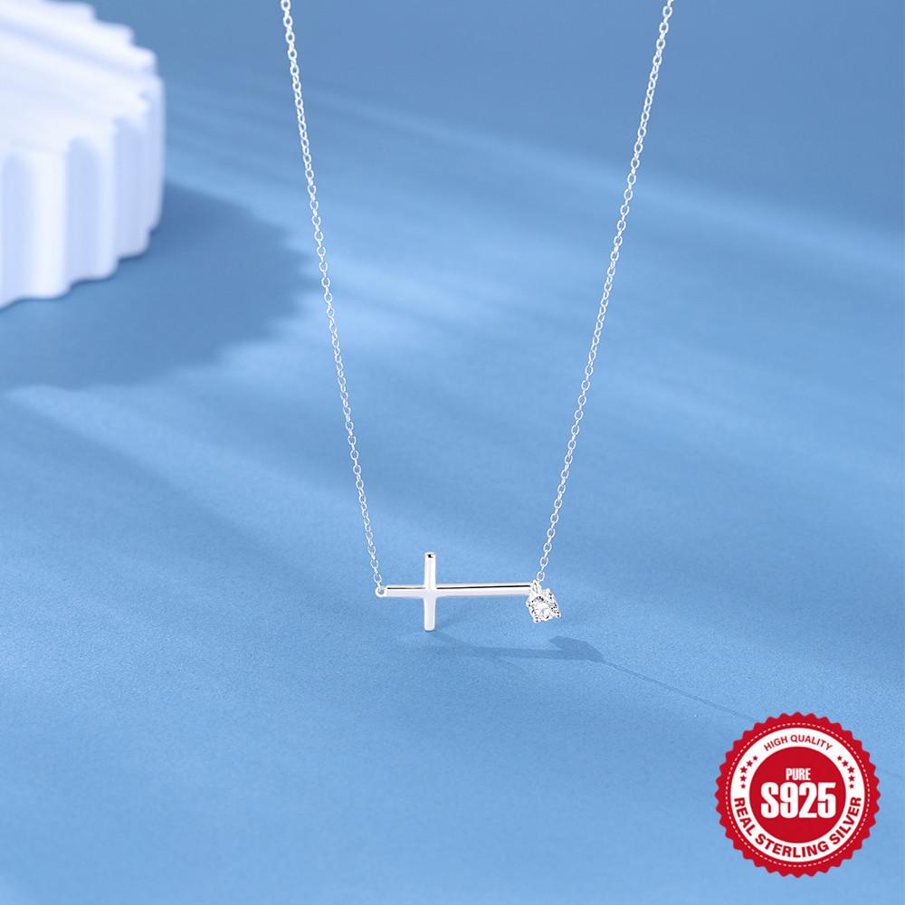 S925 Sterling Silver Cross Zircon Versatile Clavicle Chain Necklace Silver Classic Plain Chain Clavicle Chain