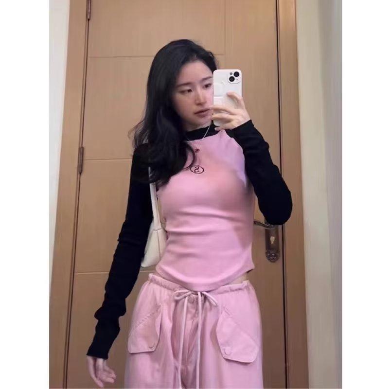 Jarné Slim tričká Patchwork Letter Print Tričká Y2k Tops Estetické vrchné oblečenie Dámske tričko
