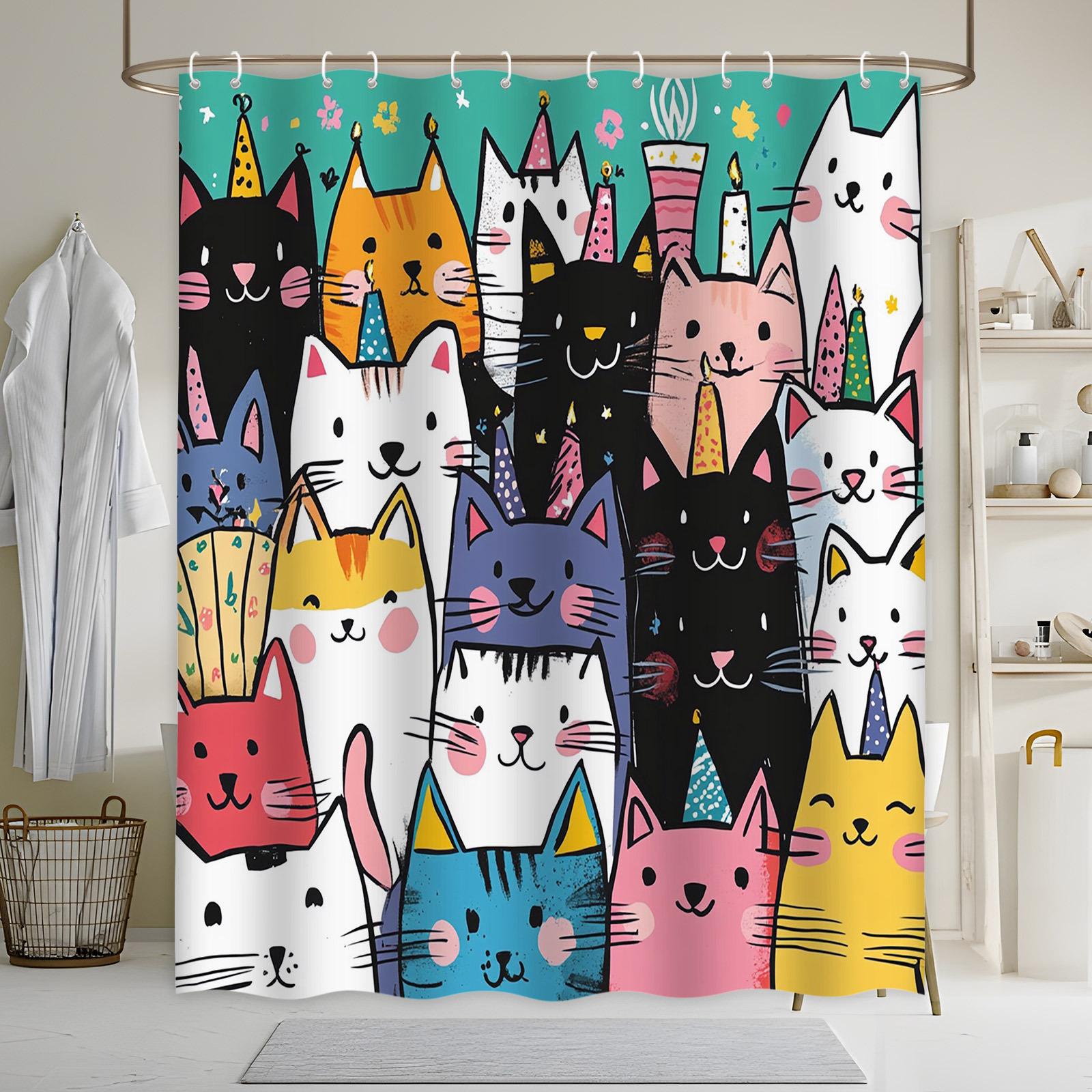 Anthropomorphic Cats Curtain - Party Hats, Dots & Stripes, Teal Background, Playful Design, Polyester, 70.8In,12 Hooks,Cat Lover W60H190(CM)-1 Pcs