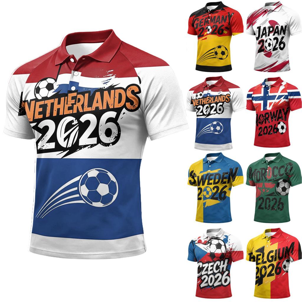 Men's World Tournament Series Casual Printed Polo Shirt Button Short Sleeve Top with Graphic Design for Sports and Leisure