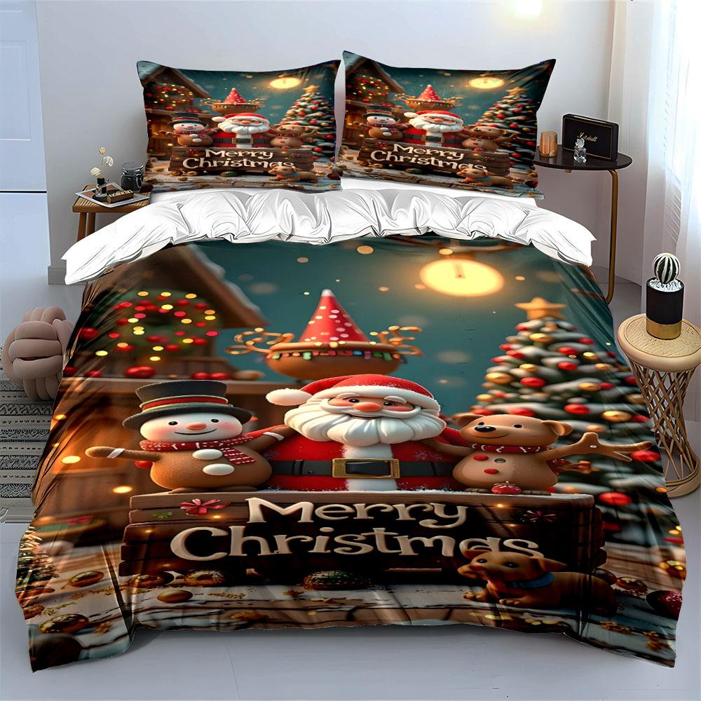 Christmas Santa Snowman Decor Bedding Duvet Cover Set Duvet Cover Pillowcases (1*Duvet Cover 2*Pillowcases, Without Duvet Insert)