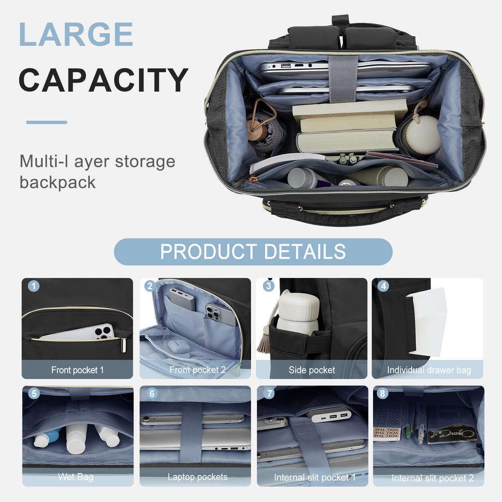 Laptop-Rucksack für Damen, wasserabweisend, Reise-/Arbeitsrucksack, Geldbörse, stilvolle Business-/Lehrer-/Krankenschwester-Computertasche mit USB-Anschluss