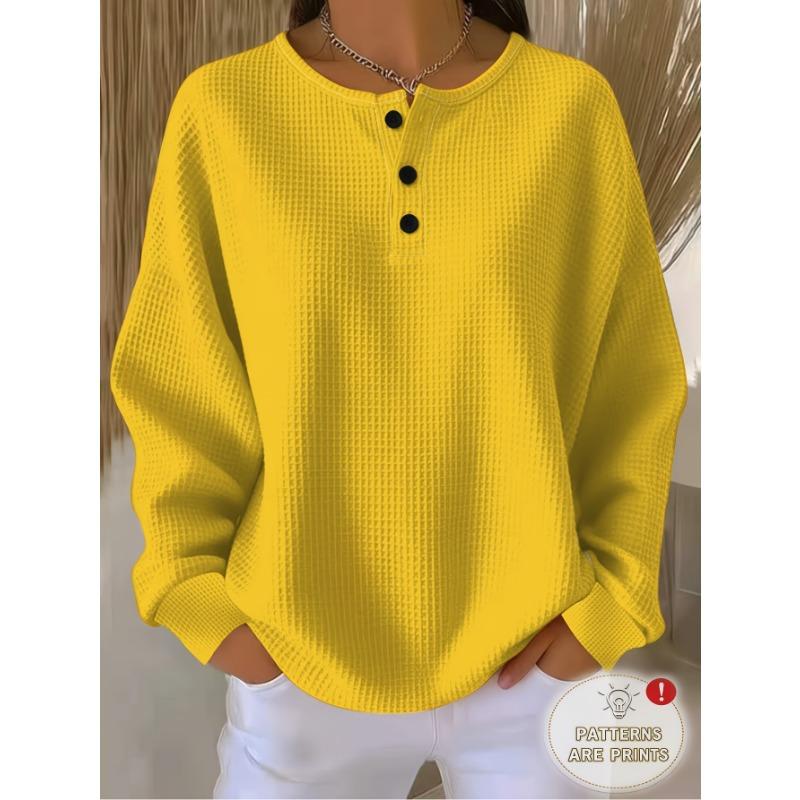 Henley Collar Standard Size Women'S Waffle Long Sleeve Casual T-Shirt, Pure Pink, Soft Skin-Friendly Breathable Fabric