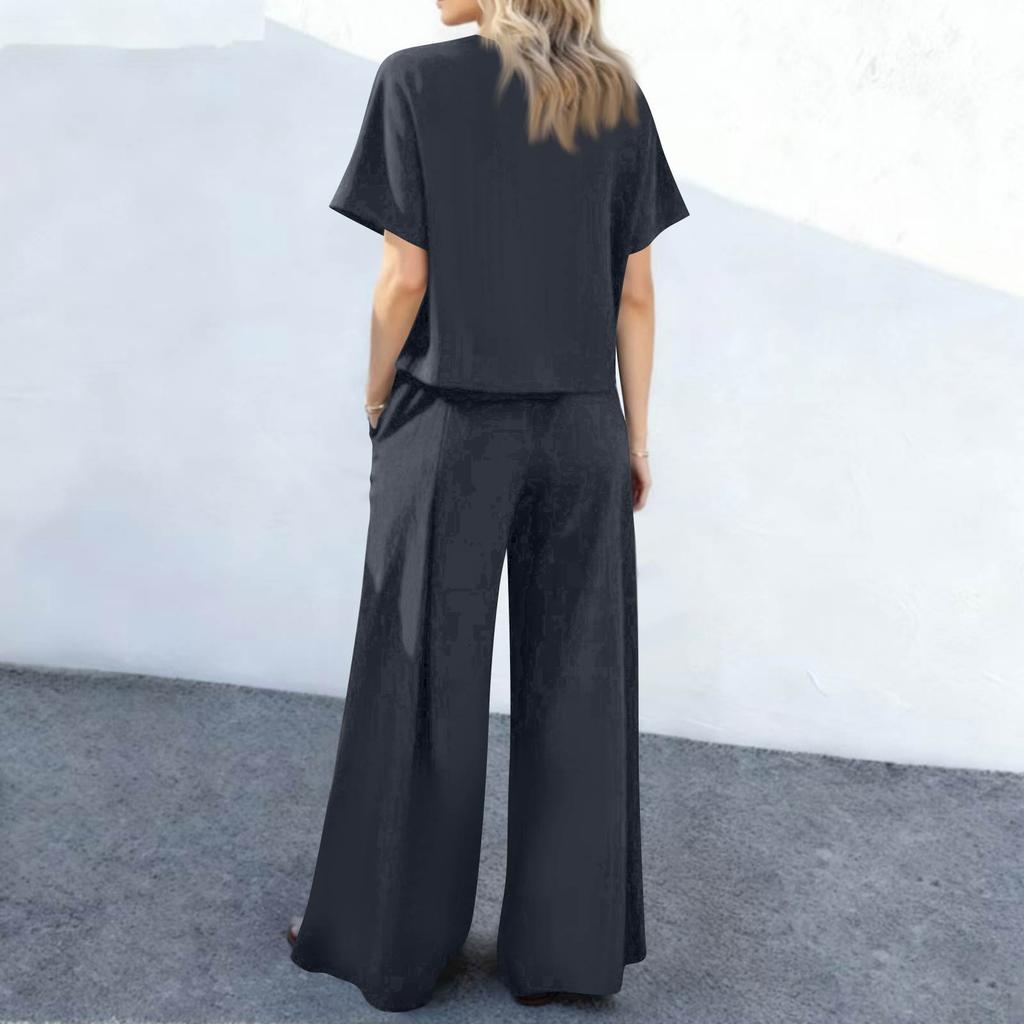 Fashion Women's Casual Top Wide Leg Pants Set Cotton Linen Pants Top Two-piece Set