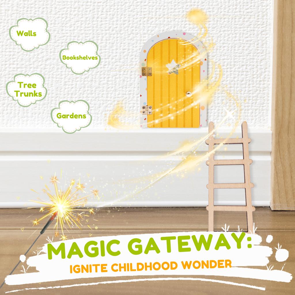 Cartoon Elf Door Fairy Door Kit with Ladder Natural Wood Elf Door Kit for Children's Room Wall Bookshelf Tree Garden Decoration