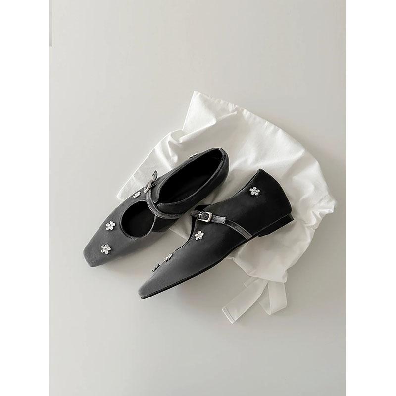 Sheepskin Version~ French Rhinestone Flower Inner Height Increase Small Square Head Light Mouth Single Shoes Women's Word with Silver Mary Jane Shoes