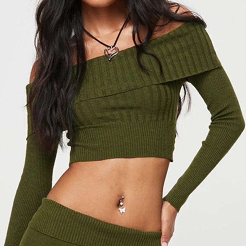 Women's Fashion Casual Spring Fall Solid Color Print Long Sleeve One Shoulder Tops Women's Clothing Knitwear Sweaters