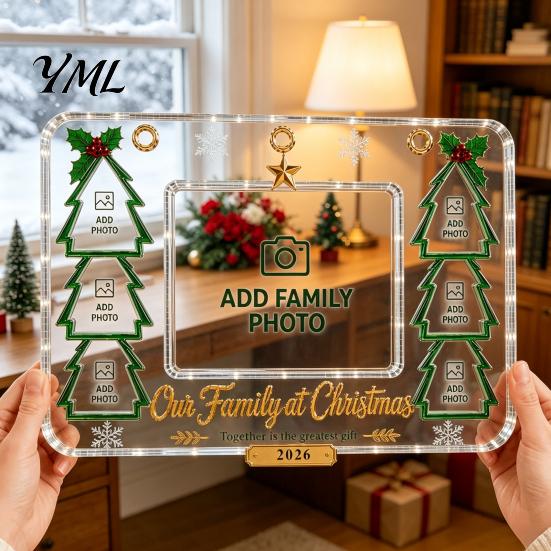 Transparent Photo Holders Acrylic Christmas Picture Frame, Clear Family Gift for Parents Anniversary Birthday Gifts Mom Dad Grandparents Ornaments