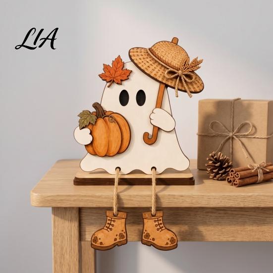 Autumn Atmosphere Home Accessories Wooden Harvest Festival Ghost Ornament for Desktop Decoration, Cute Small Holiday Gifts Friends Halloween Tabletop