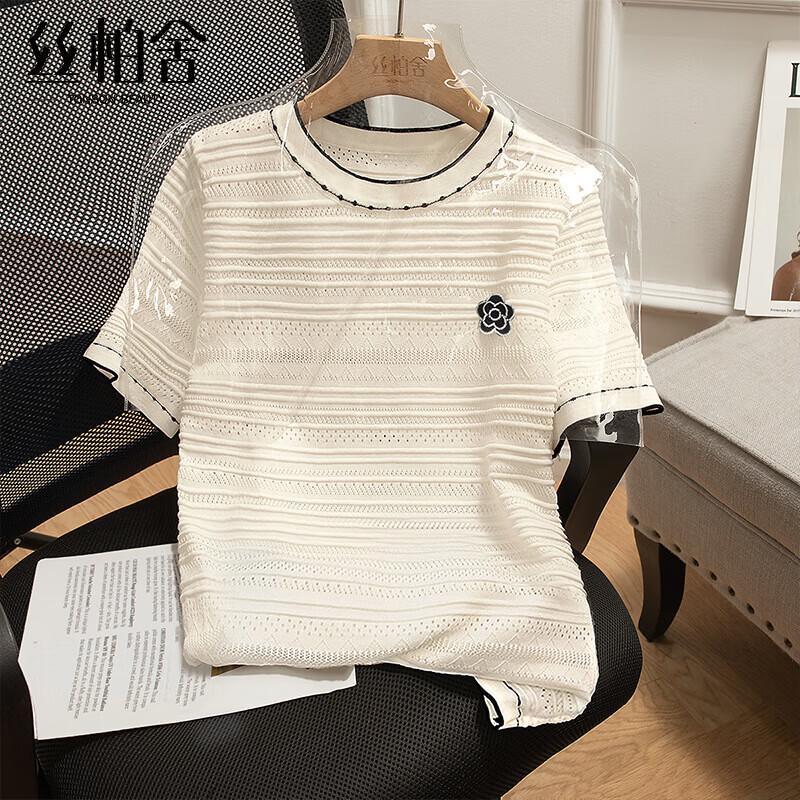 Women s French Style 3D Floral Short Sleeve Knit Top L